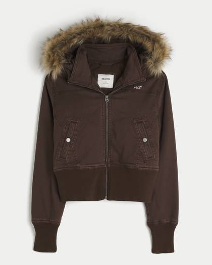 Faux Fur Trim Twill Bomber Jacket