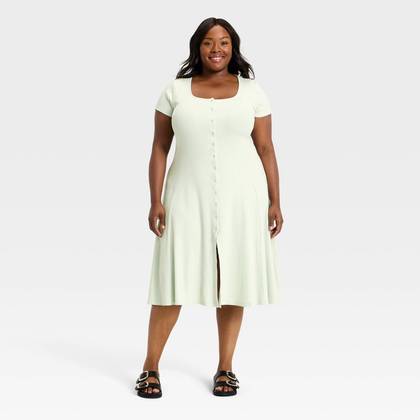 Women's Short Sleeve Ribbed Button-Front Midi Sundress - Universal Thread™ Green XXL
