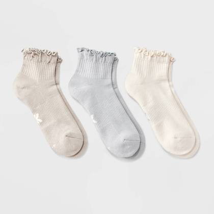 Women's Cushioned Ruffle 3pk Ankle Socks - All In Motion™ Beige/Gray/Tan 4-10: Arch Support, Knit