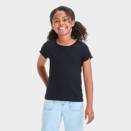 Girls' Short Sleeve Ribbed T-Shirt - Cat & Jack™ Black XS: Crew Neck, Pullover
