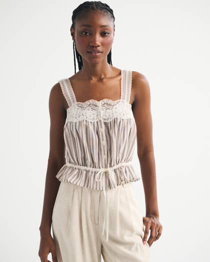 Lace-Trim Cinched Button-Through Cami