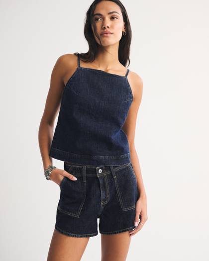 High Rise Linen-Blend Denim Short