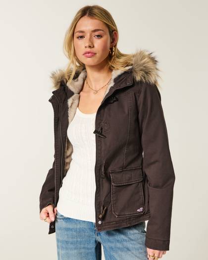 Faux Fur-Lined Twill Toggle Jacket