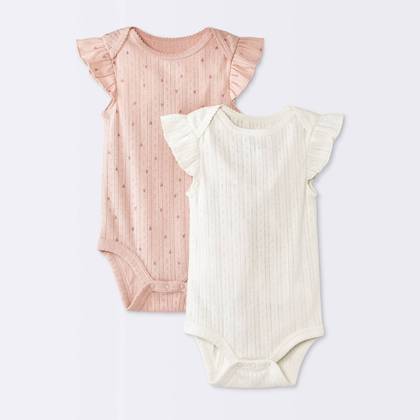 Baby Girls' 2pk Hearts Pointelle Flutter Cap Sleeve Bodysuit - Cloud Island™ Pink 12M