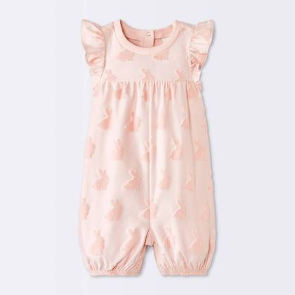 Baby Girls' Bunny Graphic Textured Knit Ruffle Tank Romper - Cloud Island™ Pink Newborn