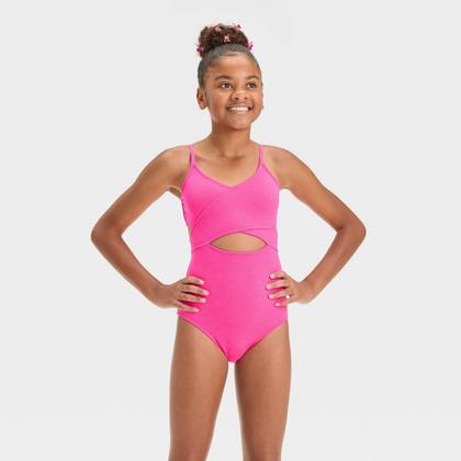 Girls' Solid Sea Life One Piece Swimsuit - art Class™ Pink XL: Adjustable Straps, V Neck, UPF 50+
