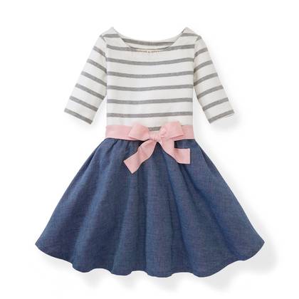 Hope & Henry Girls' Lightweight Blocked Skater Dress (Pink and White With Chambray Skirt, 3-6 Months)