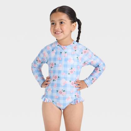 Toddler Girls' Disney Minnie Mouse Long Sleeve Floral Gingham Half Zip One Piece Rash Guard Swimsuit - Light Blue 12M