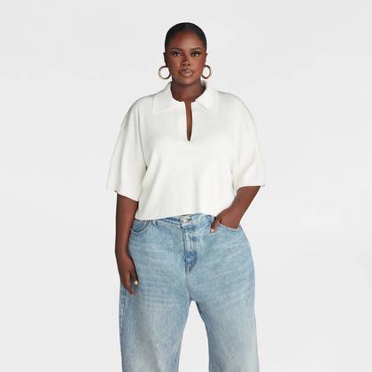 KBB by KAHLANA Women's Short Sleeve Boxy 'The Cropped Polo Sweater' - White XXL