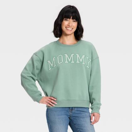 Women's Crewneck Mommy Graphic Pullover Sweatshirt - Sage Green XXS