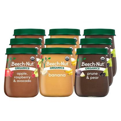 Beech-Nut Non-GMO Organics Bananas Baby Food Jar 4oz + 4oz Prune & Pear Baby Food Jar + 4oz Apple Raspberries & Avocado Baby Food Jar