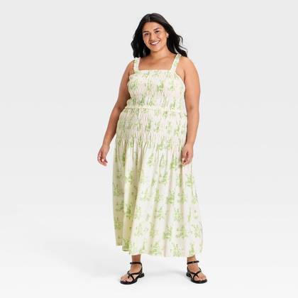Women's Smocked Maxi A-Line Dress - Universal Thread™ Green Floral XXL