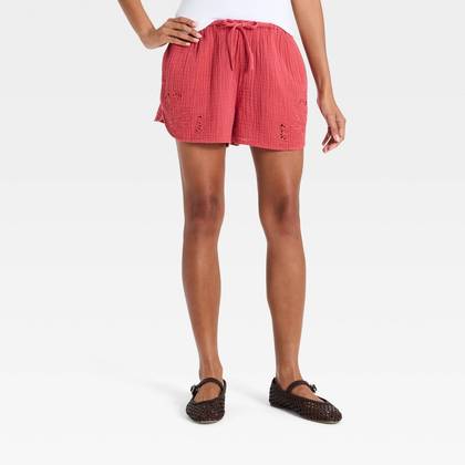 Women's Mid-Rise Cutwork Cotton Pull-On Shorts - Universal Thread™ Berry Red XS