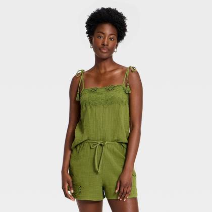 Women's Cutwork Tank Top - Universal Thread™ Olive Green XS