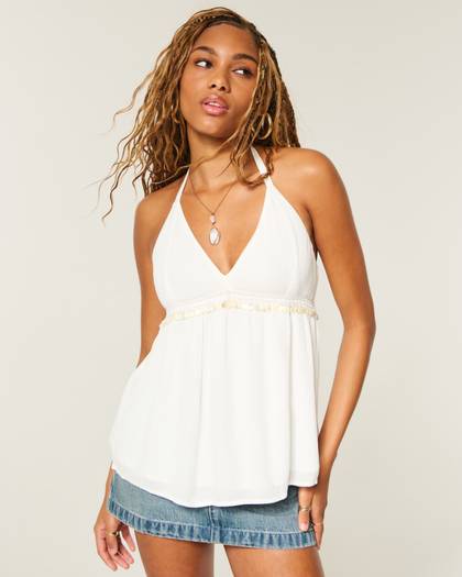 Shell-Embellished Halter Babydoll Top