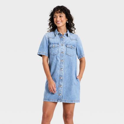 Women's Short Sleeve Denim Mini Shirtdress - Universal Thread™ Medium Wash XS