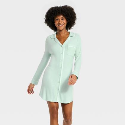 Women's Cozy Ribbed Notch Collar Pajama Gown - Auden™ Mint XS