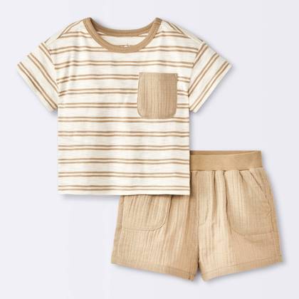 Baby Boys' 2pc Striped Pocket T-Shirt and Shorts Set - Cloud Island™ Tan 24M