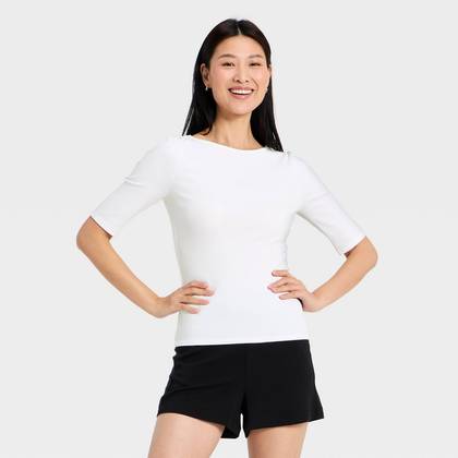 Women's Modern Ribbed Elbow Sleeve Top - A New Day™ White XS