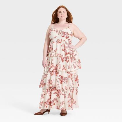 Women's V-Neck Tiered Ruffle Maxi Dress - A New Day™ Cream/Brown Floral 3X