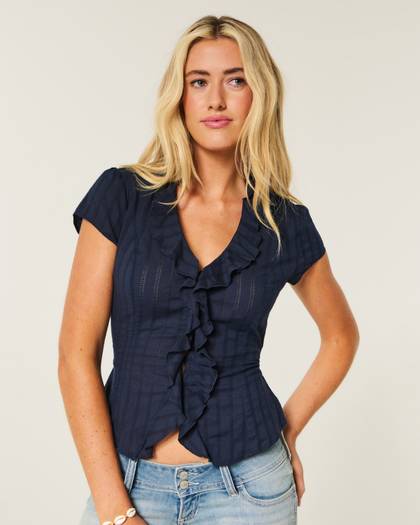 Short-Sleeve Flyaway Ruffle Shirt