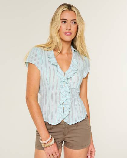 Short-Sleeve Flyaway Ruffle Shirt