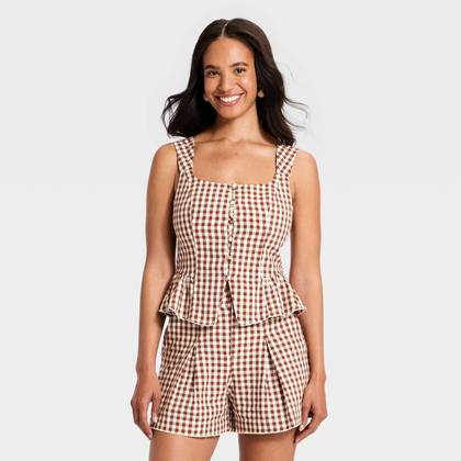 Women's Button-Front Tank Top - A New Day™ Brown Gingham M