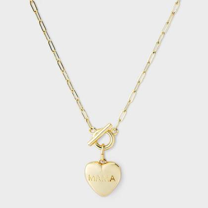 14k Gold Dipped "Mama" Toggle Puffed Heart Pendant Necklace with Paperclip Chain - A New Day™ Gold