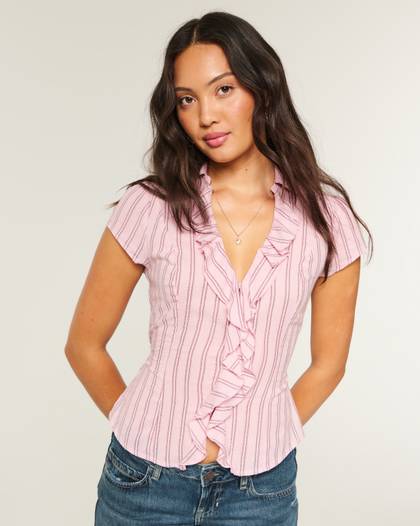 Short-Sleeve Flyaway Ruffle Shirt