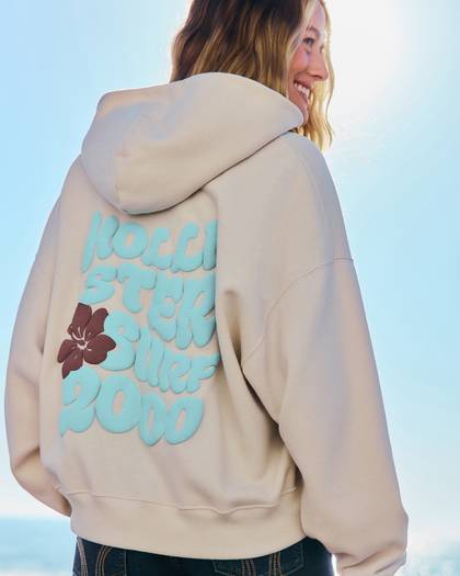 Hollister Feel Good Easy Zip-Up Logo Graphic Hoodie