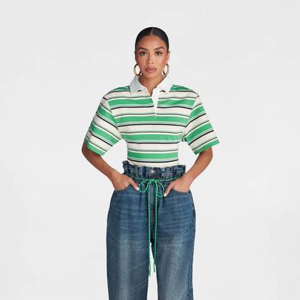 KBB by KAHLANA Women's Short Sleeve 'The Fitted Rugby Shirt' - Green Striped XS
