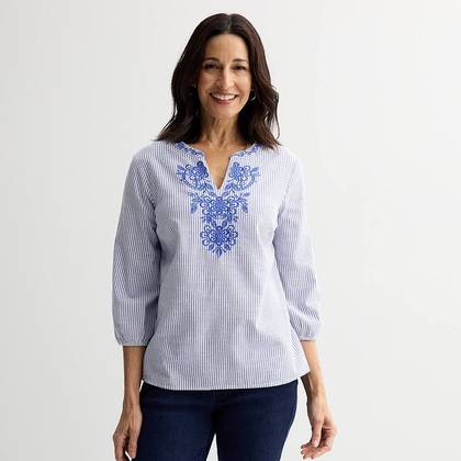 Women's Croft & Barrow® Three Quarter Sleeve Embroidered Blouse