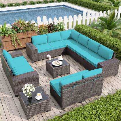 ALAULM 12 Pieces Patio Furniture Set, Rattan Wicker Outdoor Conversation Sets, Outdoor Furniture Sofa Set w/4"Cushion and Glass Coffee Table(Blue)