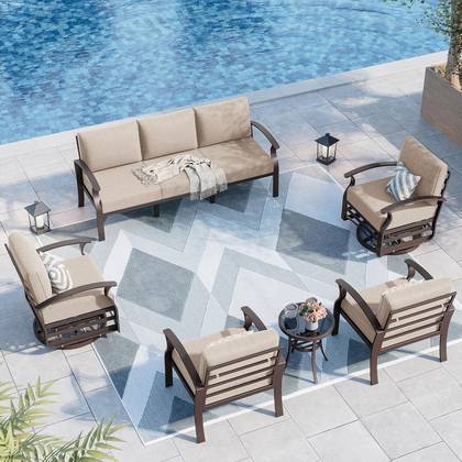 ALAULM Aluminum Patio Furniture Set 7-Seat Modern Metal Outdoor Conversation Sets w/Swivel Rocking Chairs Patio Sectional Sofa w/5.1 Inch Cushion,Sand