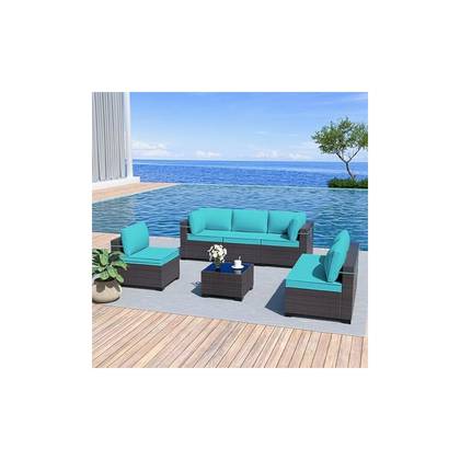 ALAULM 7 Pieces Patio Furniture Set, Rattan Wicker Outdoor Conversation Sets, Furniture Sectional Sofa Set w/4"Cushion and Glass Coffee Table(Blue)