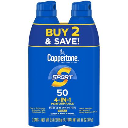 Coppertone Sport Sunscreen Spray - SPF 50 - 11oz - Twin Pack: Paraben-Free, Whole Body Application, Scented