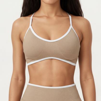 Anna-Kaci Active Women's Contrast Trim Scoop Neck Sports Bra with Adjustable Spaghetti Straps - Small, Khaki