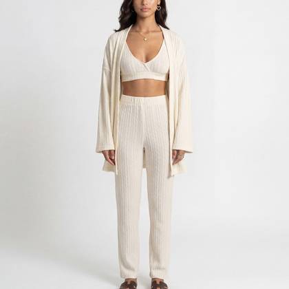 Anna-Kaci Lounge Women's 3-Piece Pajama Set with Textured Woven Knit Bra Top Open Cardigan and High Waist Pants -Small, Light Beige