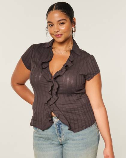 Short-Sleeve Flyaway Ruffle Shirt