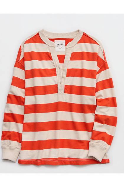 Aerie Poolside Terry Henley Sweatshirt Orange Flare