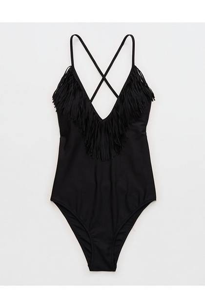 Aerie Fringe V-Neck One Piece Swimsuit True Black