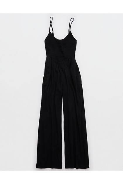 Aerie At The Barre Smocked Jumpsuit True Black