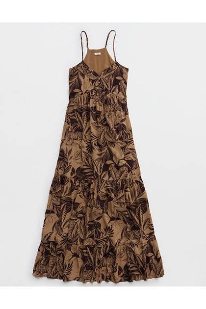 Aerie Printed Maxi Dress Toasted Almond