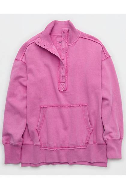Aerie Vintage Popover Polo Sweatshirt Hot Fuchsia