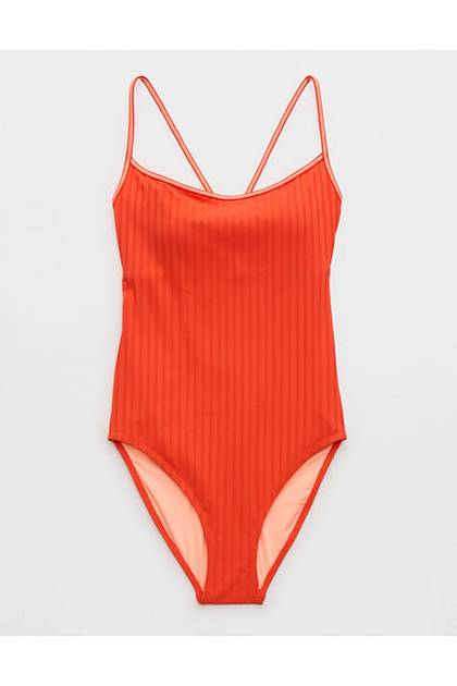 Aerie Scoop Ribbed Full Coverage One Piece Swimsuit Orange Flare