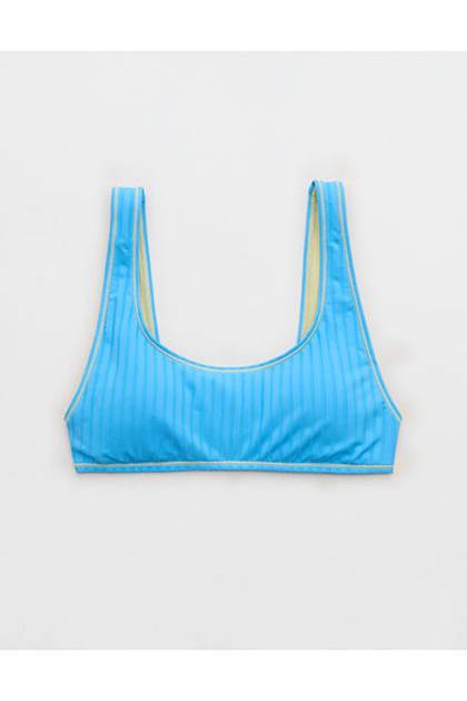 Aerie Low Scoop Ribbed Bikini Top Blue Plunge