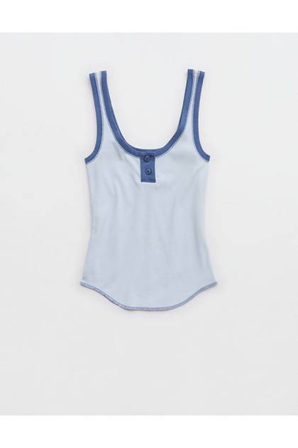 Aerie Ribbed Henley Tank Top Misty Sky