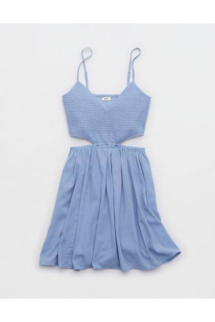 Aerie Smocked Cut Out Mini Dress Monaco Blue