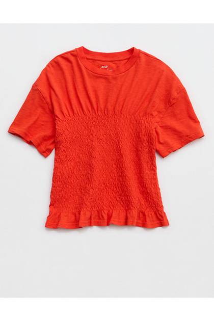 Aerie Smocked T-Shirt Orange Flare