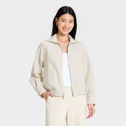 Women's Mock-Neck Full Zip Bomber Jacket - A New Day™ Cream Dot S